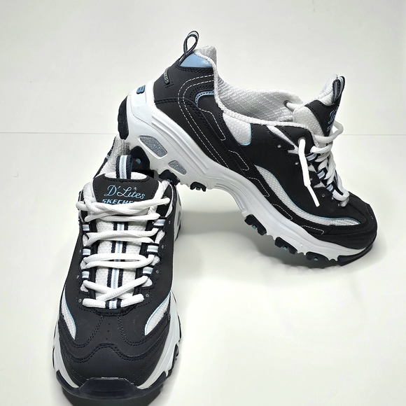 Skechers Shoes - Skechers D'Lites Black White and Light Blue Women's Sneakers